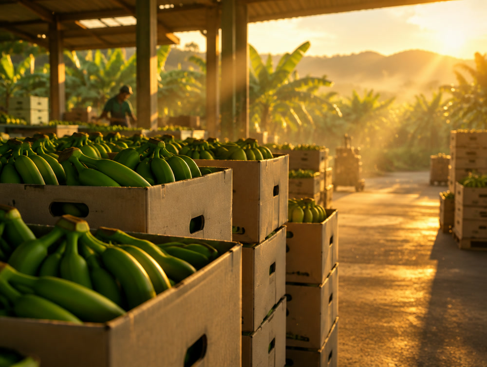 Green Cavendish bananas in crates at a packing shed