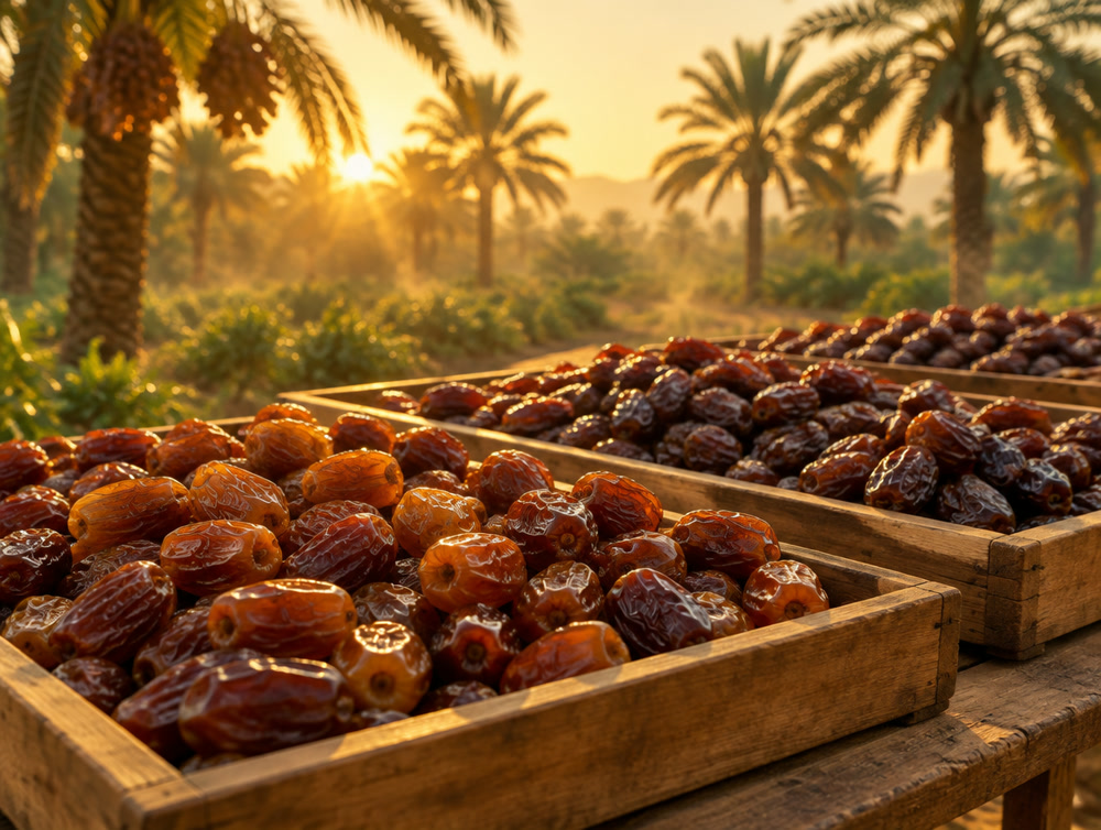 Sorted dates in wooden trays beside a date palm grove