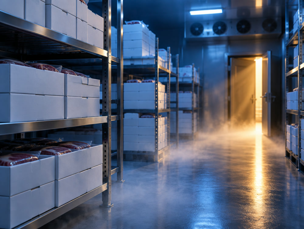 Boxed chilled meat on racking in a cold store