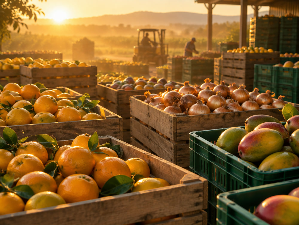 Crates of citrus, onions and mangoes in a packing yard